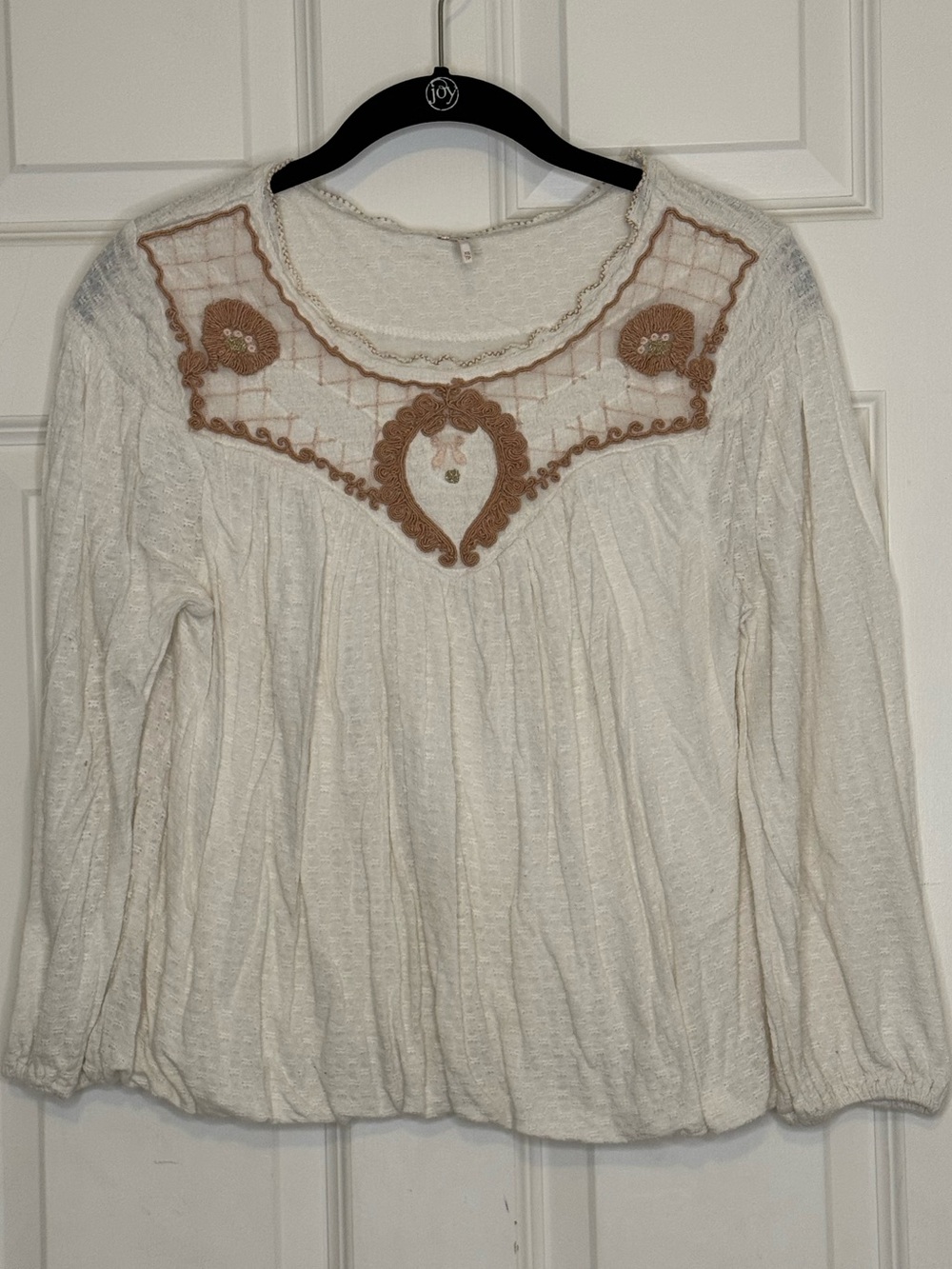 Free People Large Begonia Top Shirt Ivory Sand Embroidered Boho Size XS